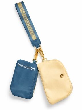 Lululemon Dual Pouch Wristlet Blue Cream Gold Hardware NWT Mini Zip